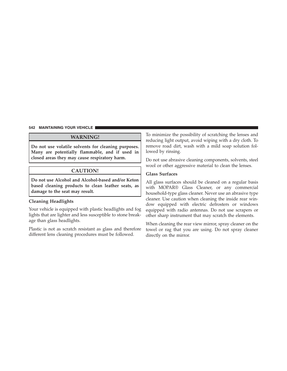 Cleaning headlights, Glass surfaces | Dodge 2015 Challenger - Owner Manual User Manual | Page 544 / 618