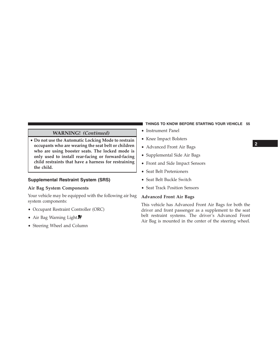 Supplemental restraint system (srs), Air bag system components, Advanced front air bags | Dodge 2015 Challenger - Owner Manual User Manual | Page 57 / 618