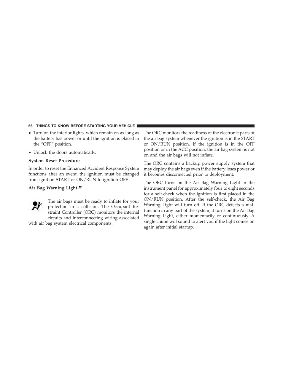 System reset procedure, Air bag warning light | Dodge 2015 Challenger - Owner Manual User Manual | Page 68 / 618