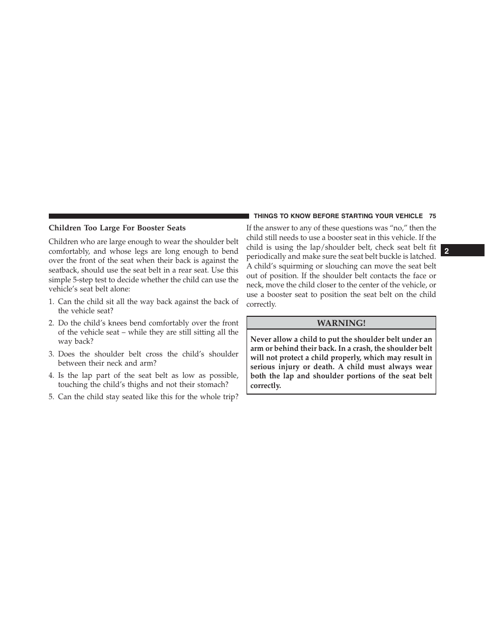Children too large for booster seats | Dodge 2015 Challenger - Owner Manual User Manual | Page 77 / 618