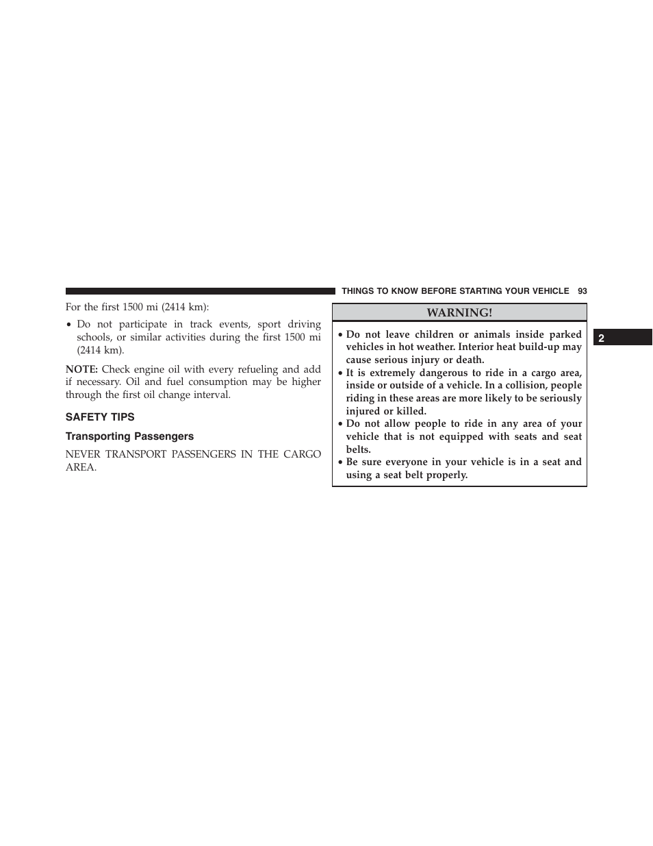 Safety tips, Transporting passengers | Dodge 2015 Challenger - Owner Manual User Manual | Page 95 / 618