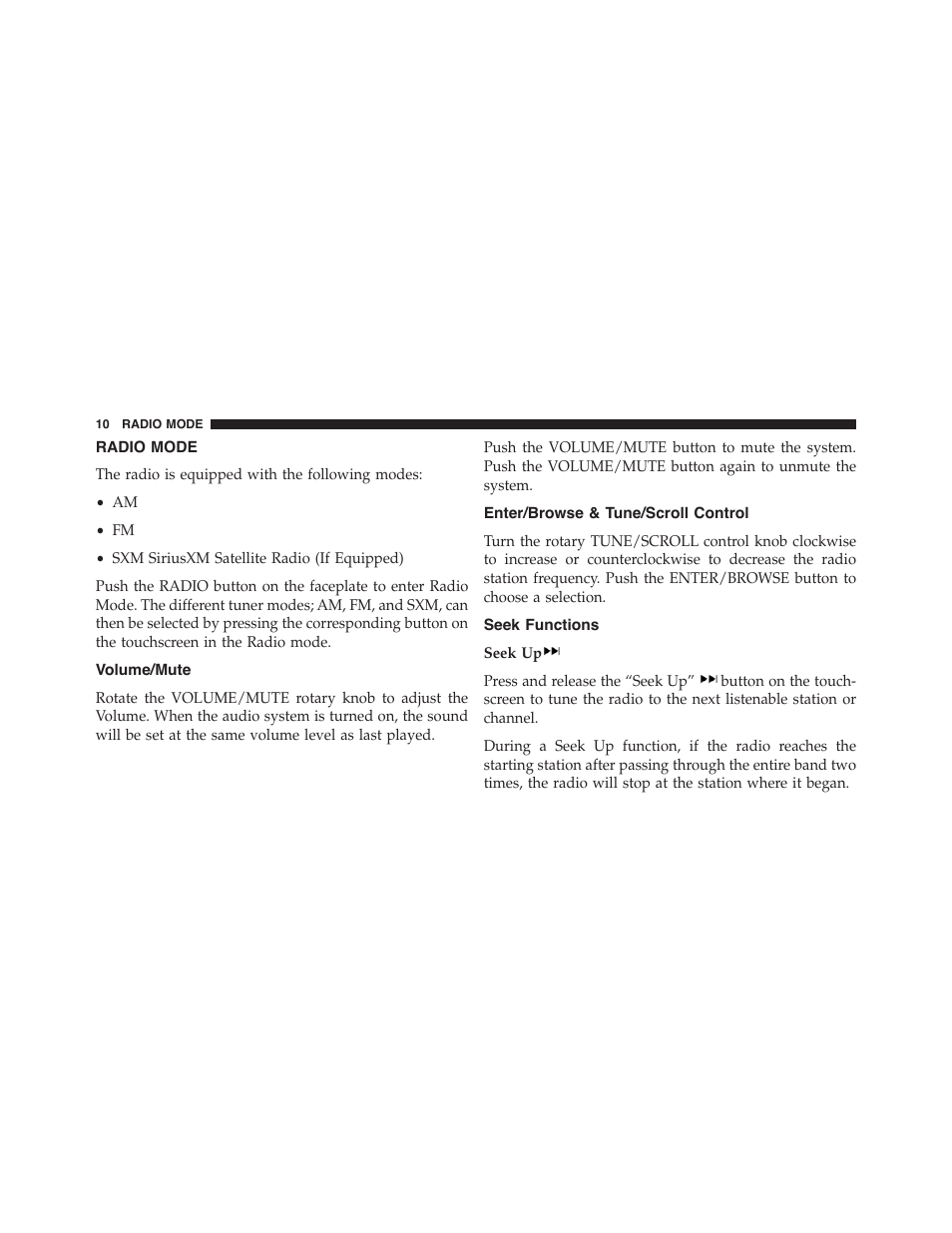 Radio mode, Volume/mute, Enter/browse & tune/scroll control | Seek functions | Dodge 2015 Durango - Uconnect 5.0 Manual User Manual | Page 11 / 51