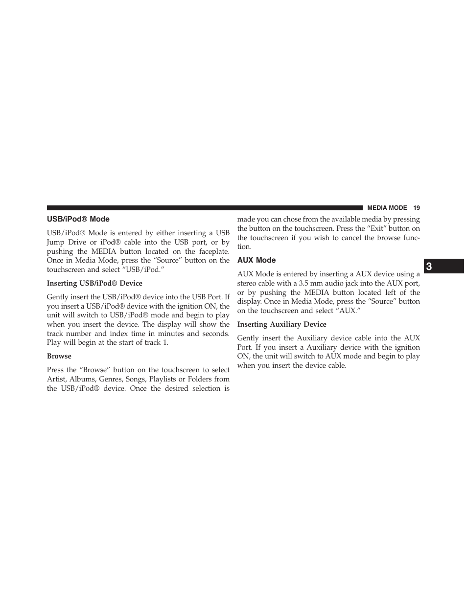 Usb/ipod® mode, Aux mode | Dodge 2015 Durango - Uconnect 5.0 Manual User Manual | Page 20 / 51