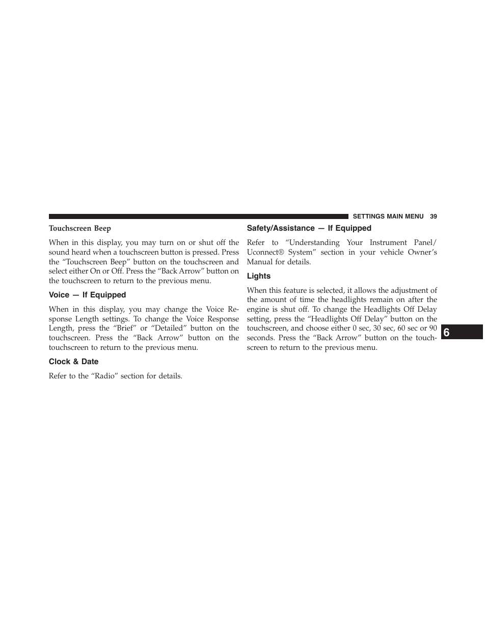 Voice — if equipped, Clock & date, Safety/assistance — if equipped | Lights | Dodge 2015 Durango - Uconnect 5.0 Manual User Manual | Page 40 / 51