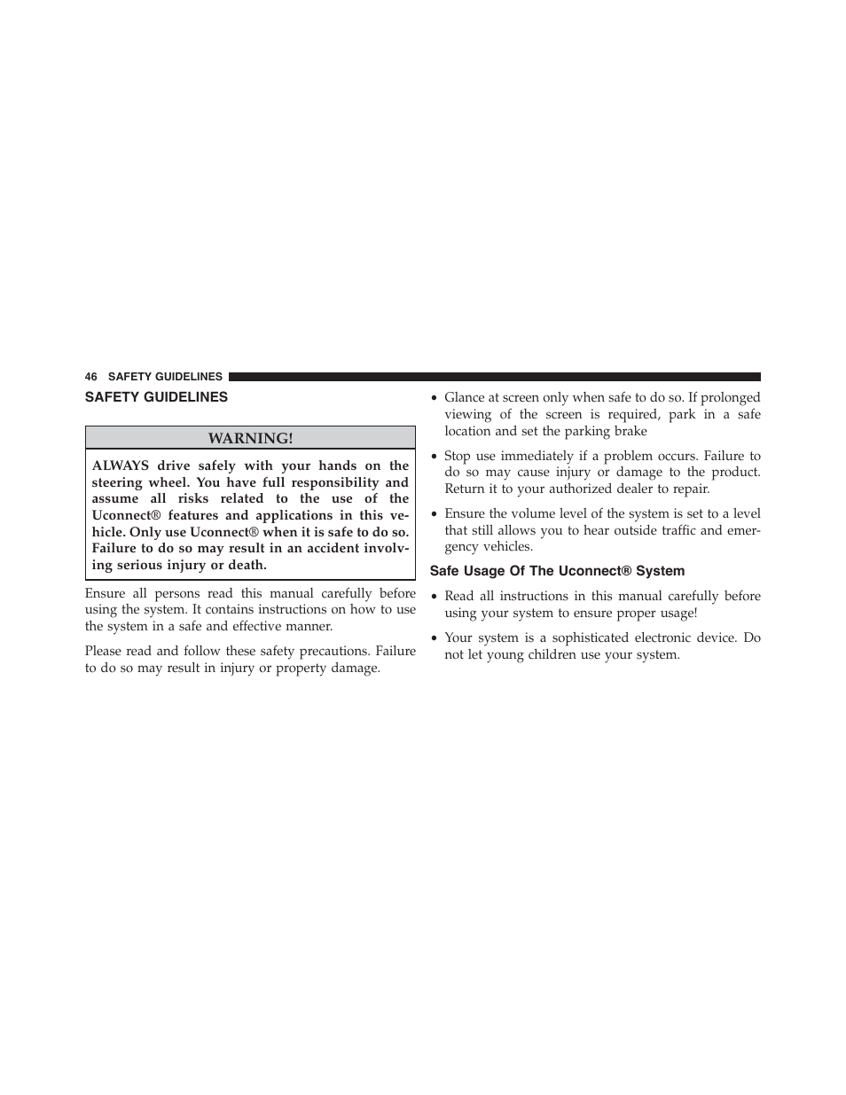 Safety guidelines, Safe usage of the uconnect® system | Dodge 2015 Durango - Uconnect 5.0 Manual User Manual | Page 47 / 51