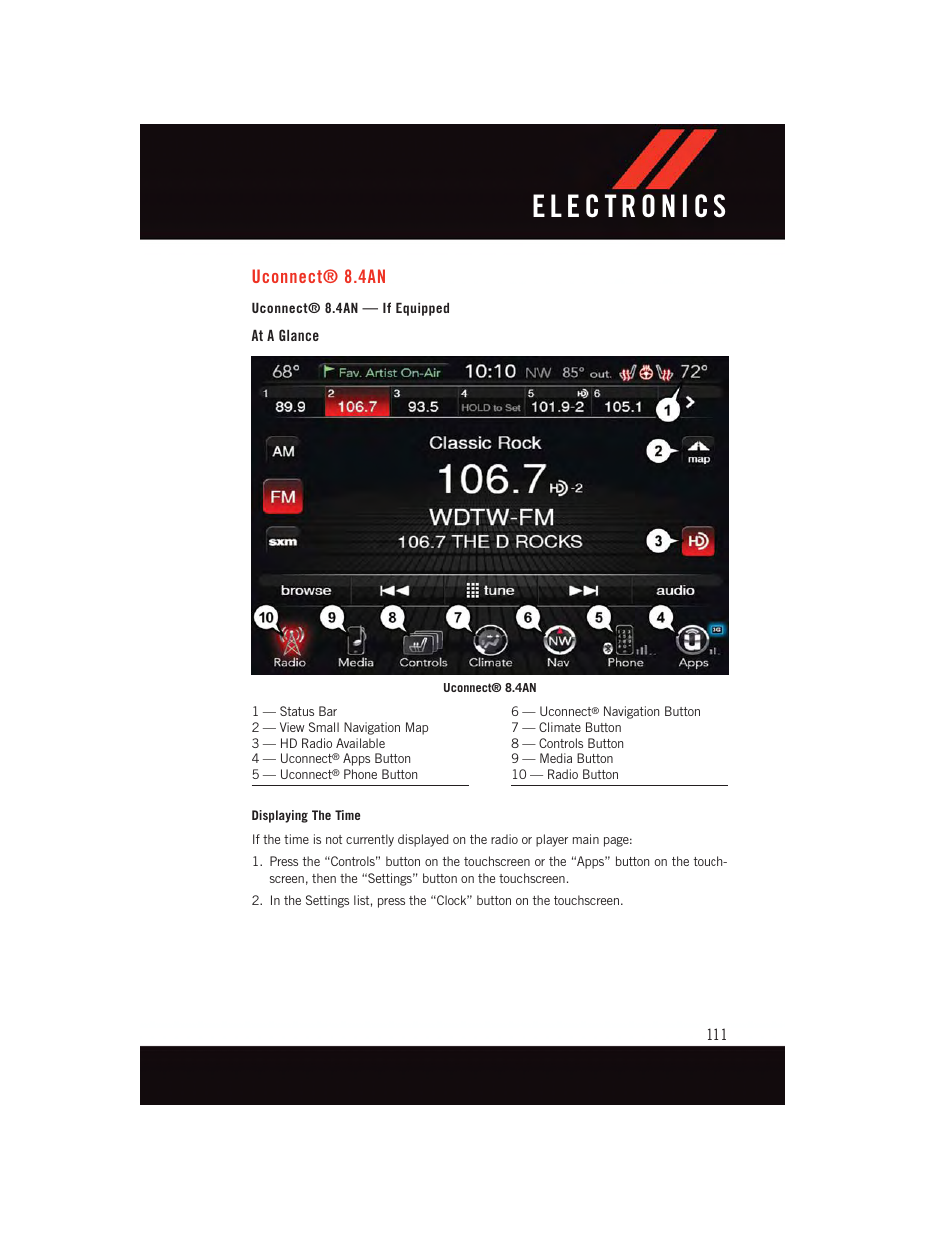 Uconnect® 8.4an, Uconnect® 8.4an — if equipped, At a glance | Dodge 2015 Challenger - User Guide User Manual | Page 113 / 236