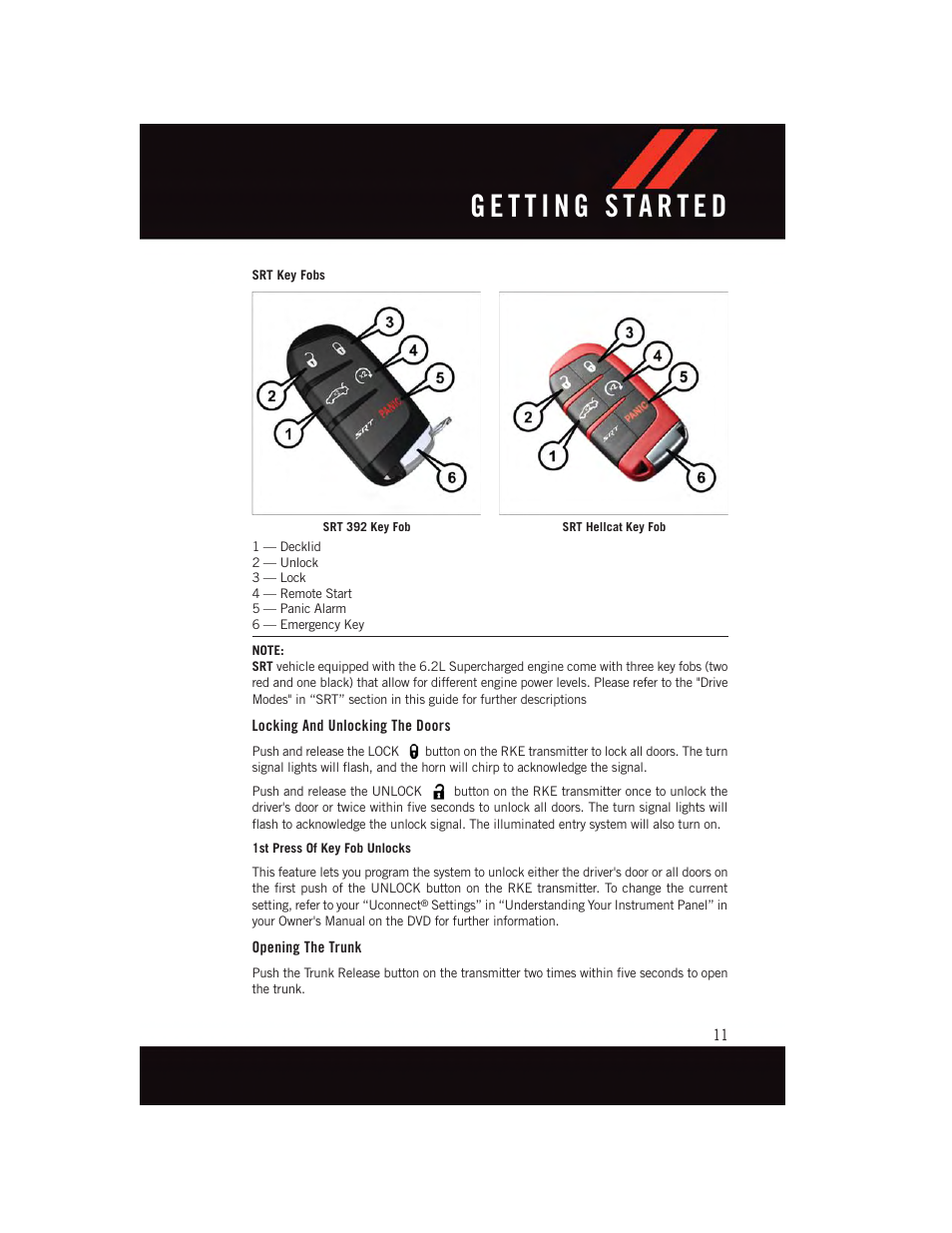 Locking and unlocking the doors, Opening the trunk | Dodge 2015 Challenger - User Guide User Manual | Page 13 / 236