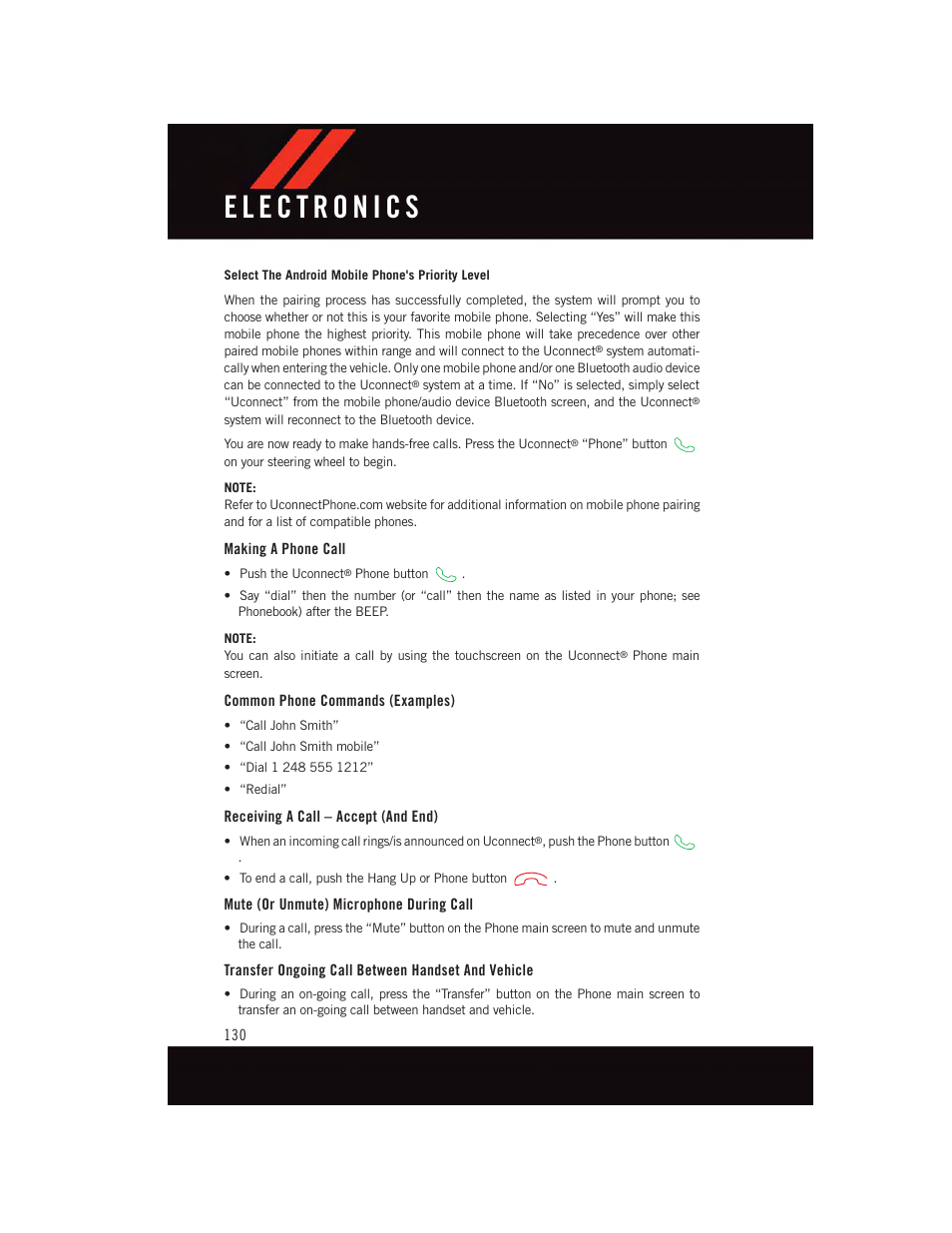 Making a phone call, Common phone commands (examples), Receiving a call – accept (and end) | Mute (or unmute) microphone during call, Transfer ongoing call between handset and vehicle | Dodge 2015 Challenger - User Guide User Manual | Page 132 / 236