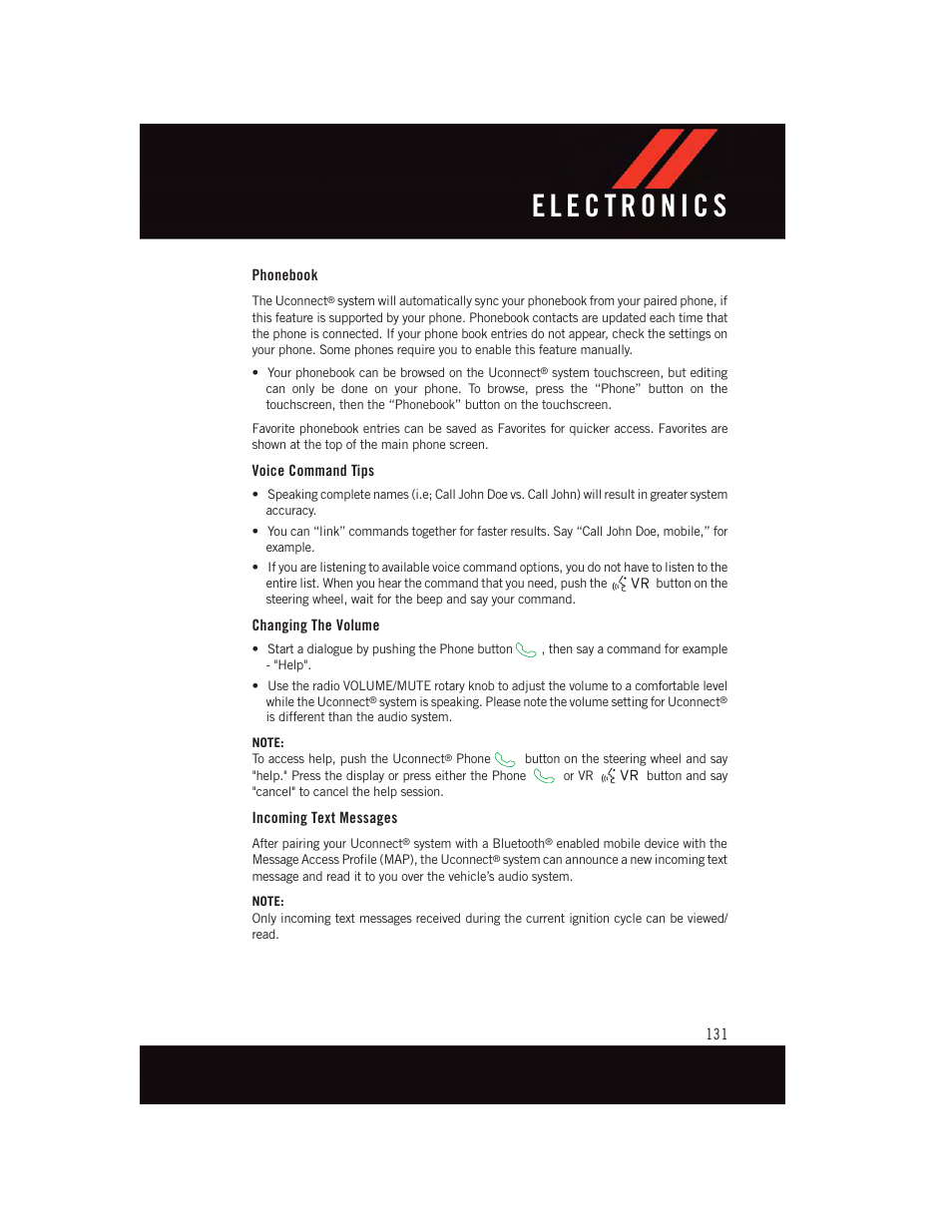 Phonebook, Voice command tips, Changing the volume | Incoming text messages | Dodge 2015 Challenger - User Guide User Manual | Page 133 / 236