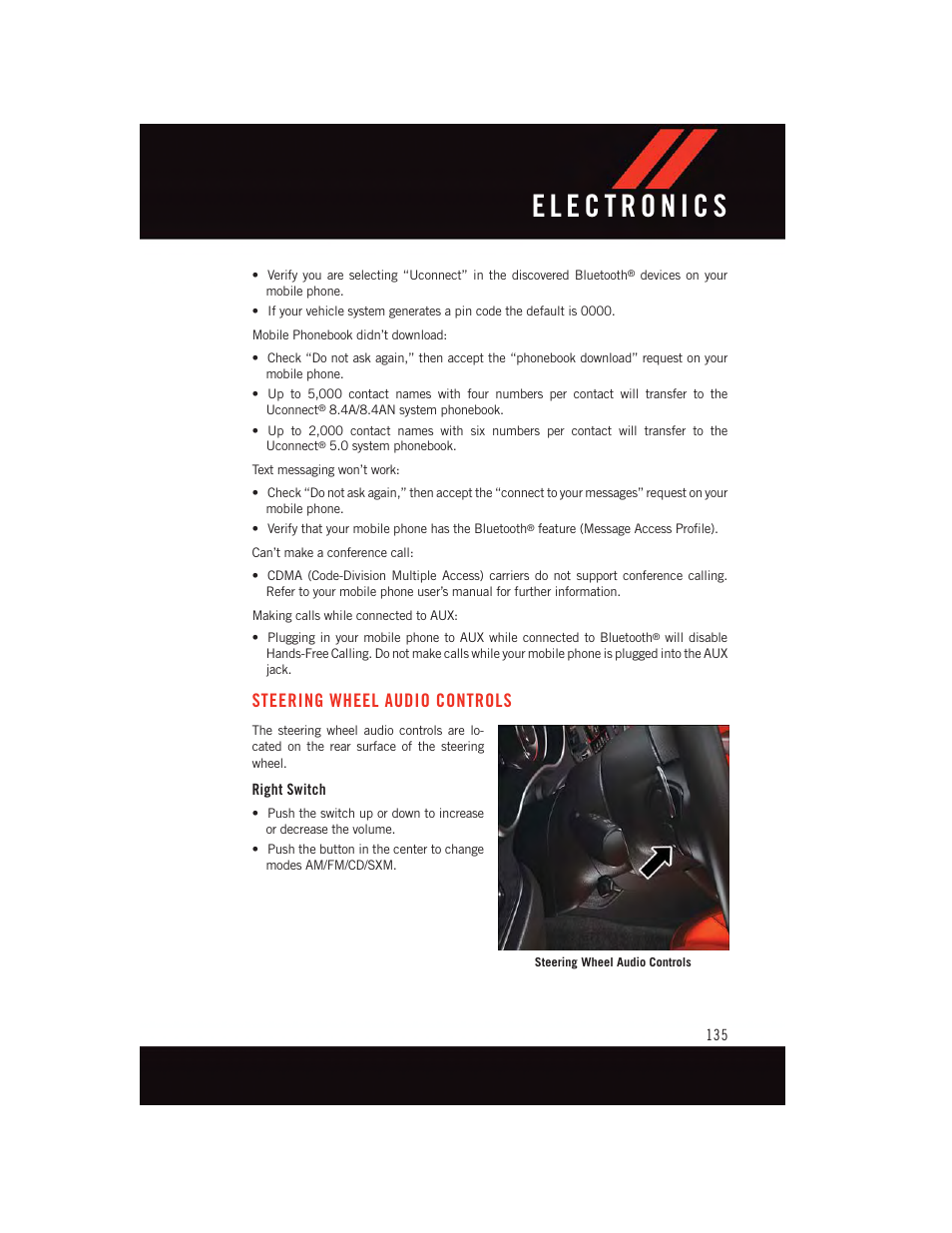 Steering wheel audio controls, Right switch | Dodge 2015 Challenger - User Guide User Manual | Page 137 / 236