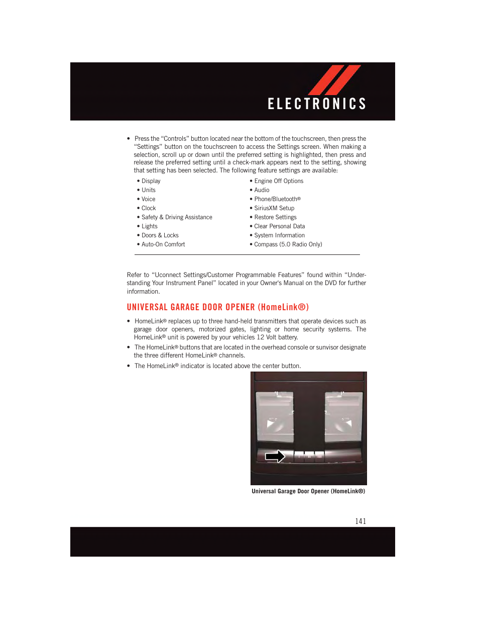 Universal garage door opener (homelink®), Universal garage door opener, Homelink | Dodge 2015 Challenger - User Guide User Manual | Page 143 / 236