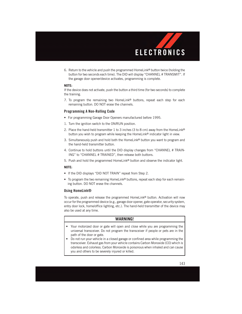 Programming a non-rolling code, Using homelink, Warning | Dodge 2015 Challenger - User Guide User Manual | Page 145 / 236