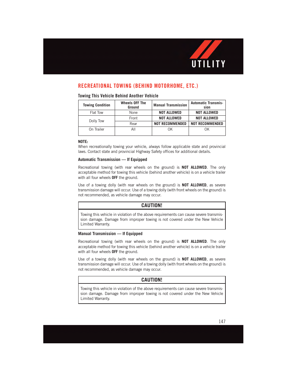 Recreational towing (behind motorhome, etc.), Towing this vehicle behind another vehicle, Recreational towing (behind | Motorhome, etc.), Caution | Dodge 2015 Challenger - User Guide User Manual | Page 149 / 236