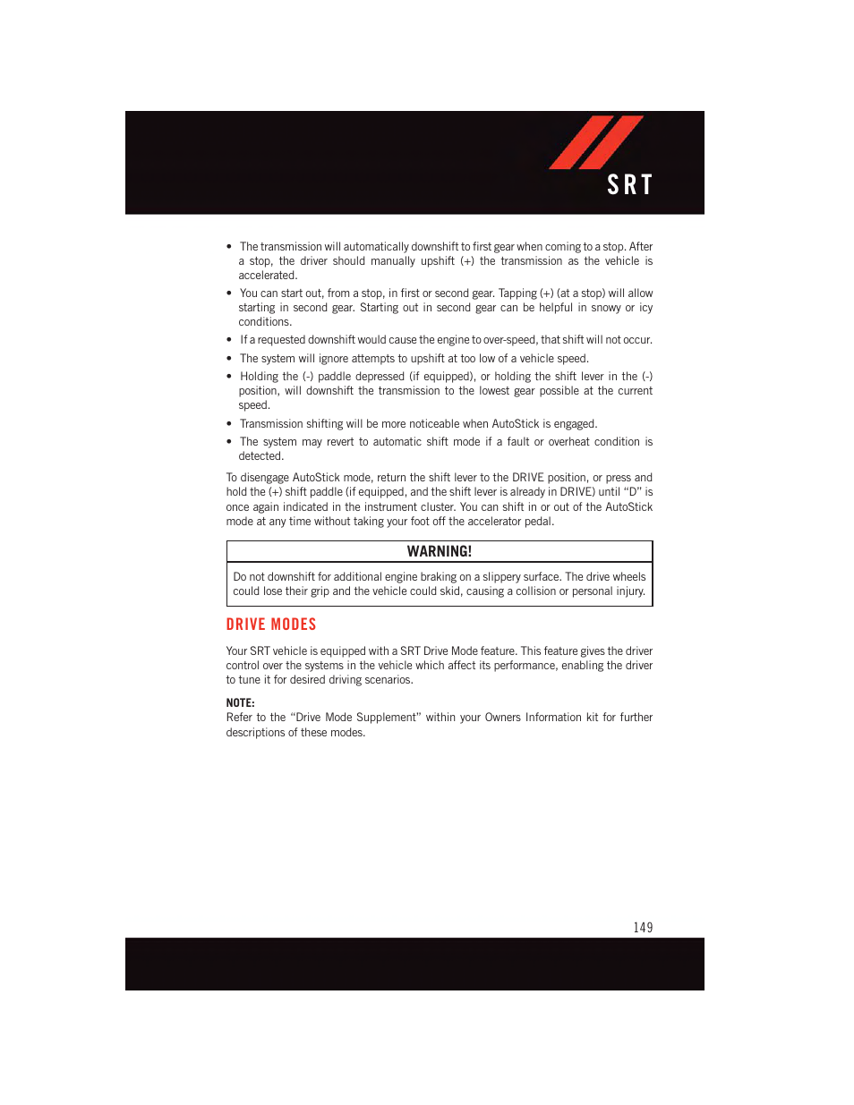 Drive modes, S r t | Dodge 2015 Challenger - User Guide User Manual | Page 151 / 236