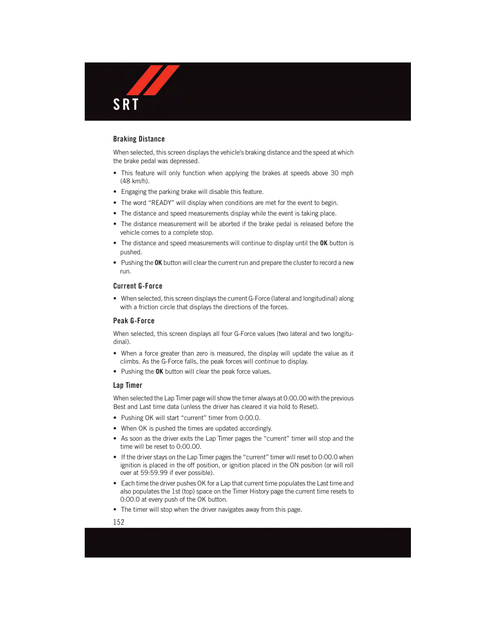 Braking distance, Current g-force, Peak g-force | Lap timer, S r t | Dodge 2015 Challenger - User Guide User Manual | Page 154 / 236