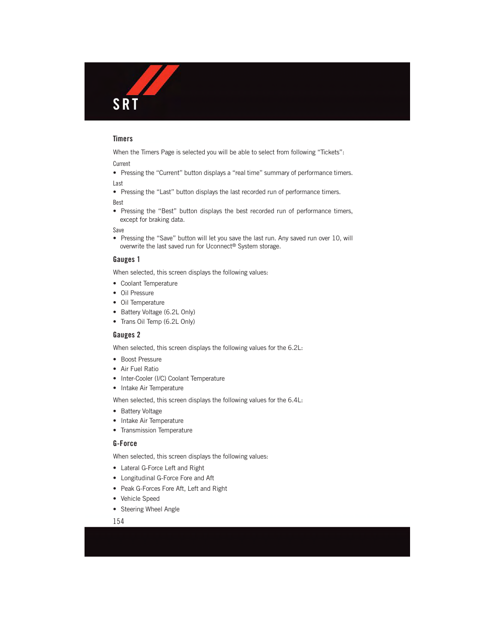 Timers, Gauges 1, Gauges 2 | G-force, S r t | Dodge 2015 Challenger - User Guide User Manual | Page 156 / 236