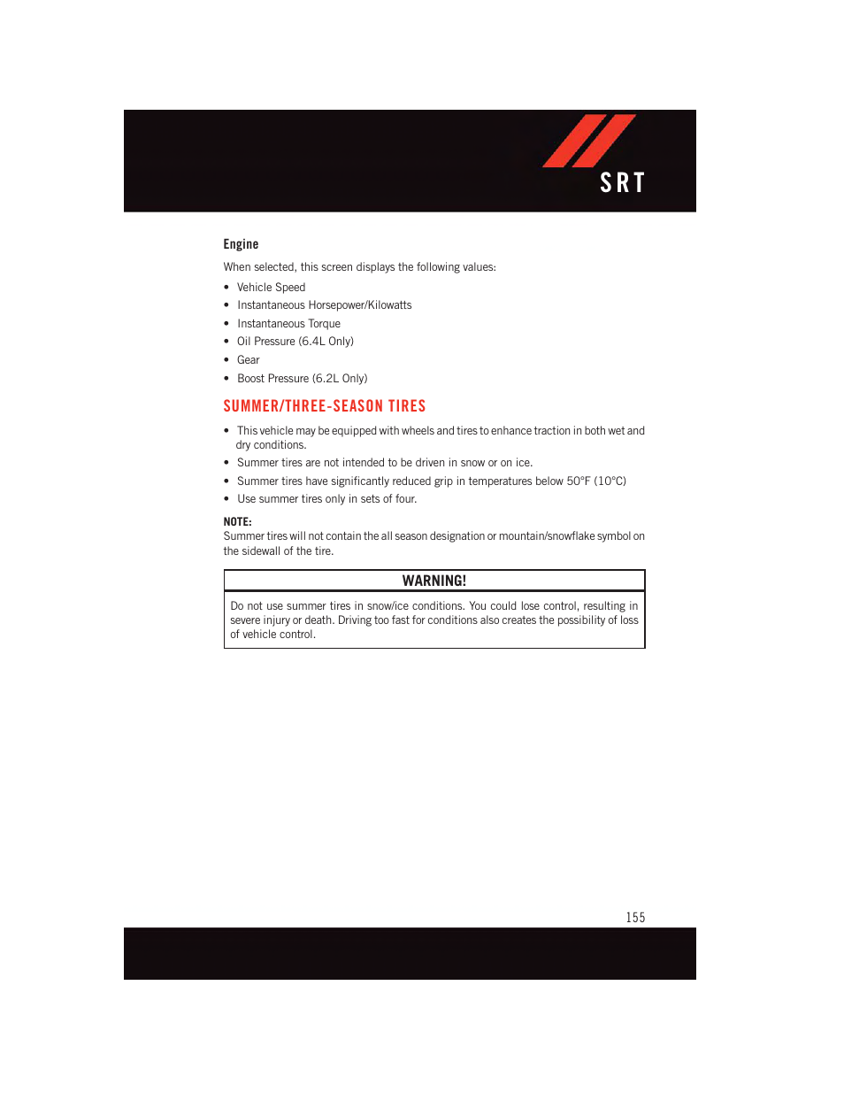 Engine, Summer/three-season tires, S r t | Dodge 2015 Challenger - User Guide User Manual | Page 157 / 236