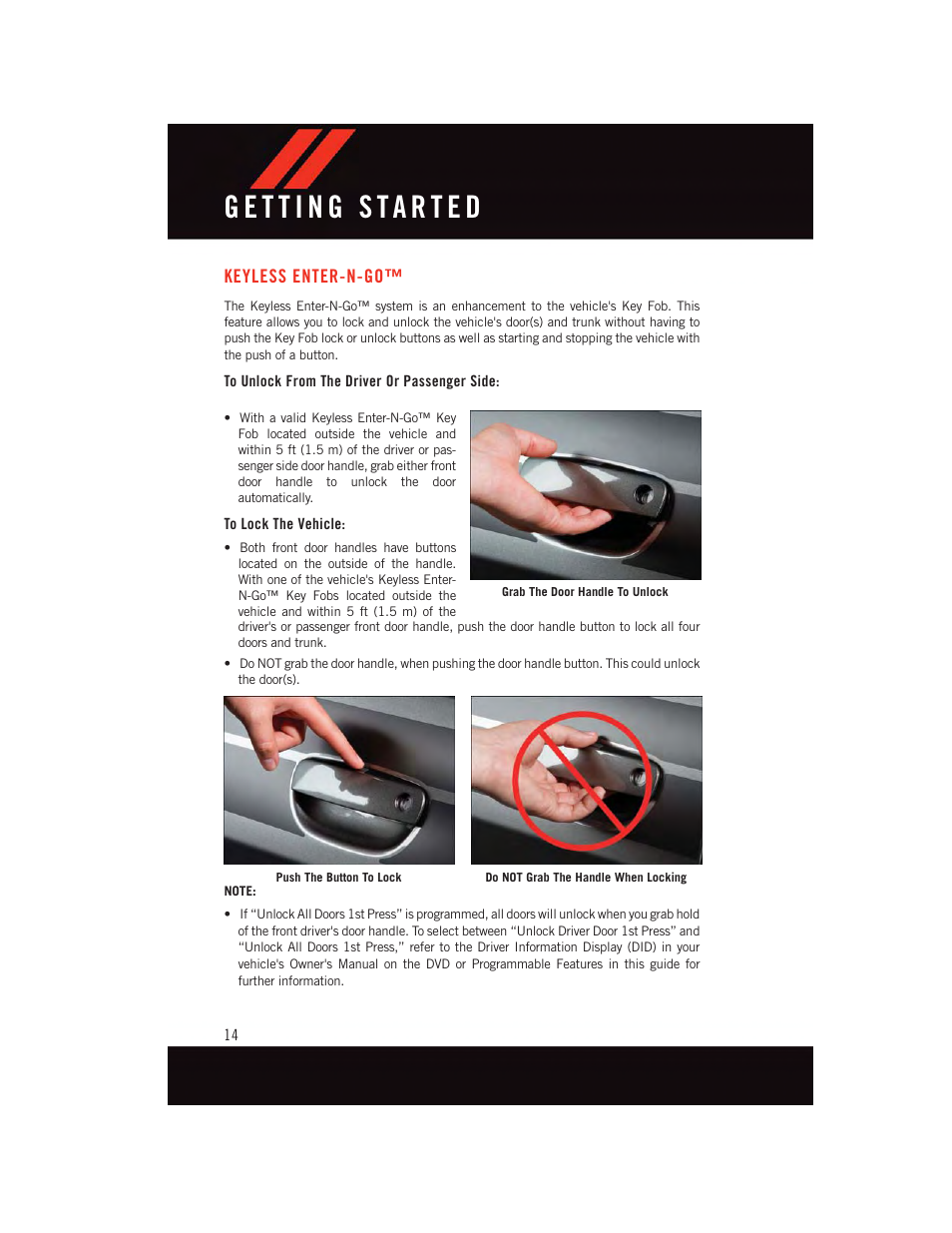 Keyless enter-n-go, To unlock from the driver or passenger side, To lock the vehicle | Dodge 2015 Challenger - User Guide User Manual | Page 16 / 236