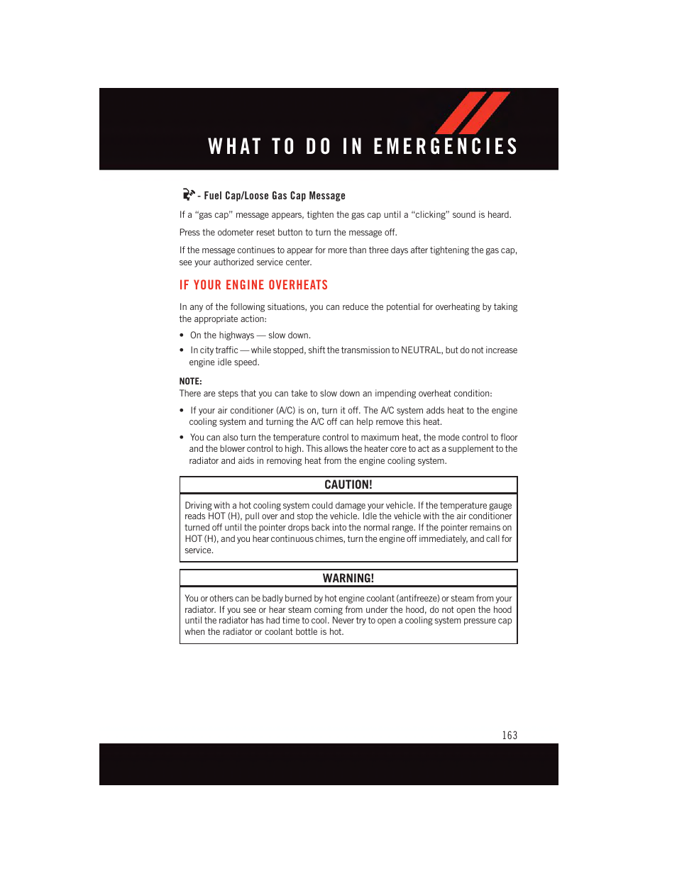 Fuel cap/loose gas cap message, If your engine overheats | Dodge 2015 Challenger - User Guide User Manual | Page 165 / 236