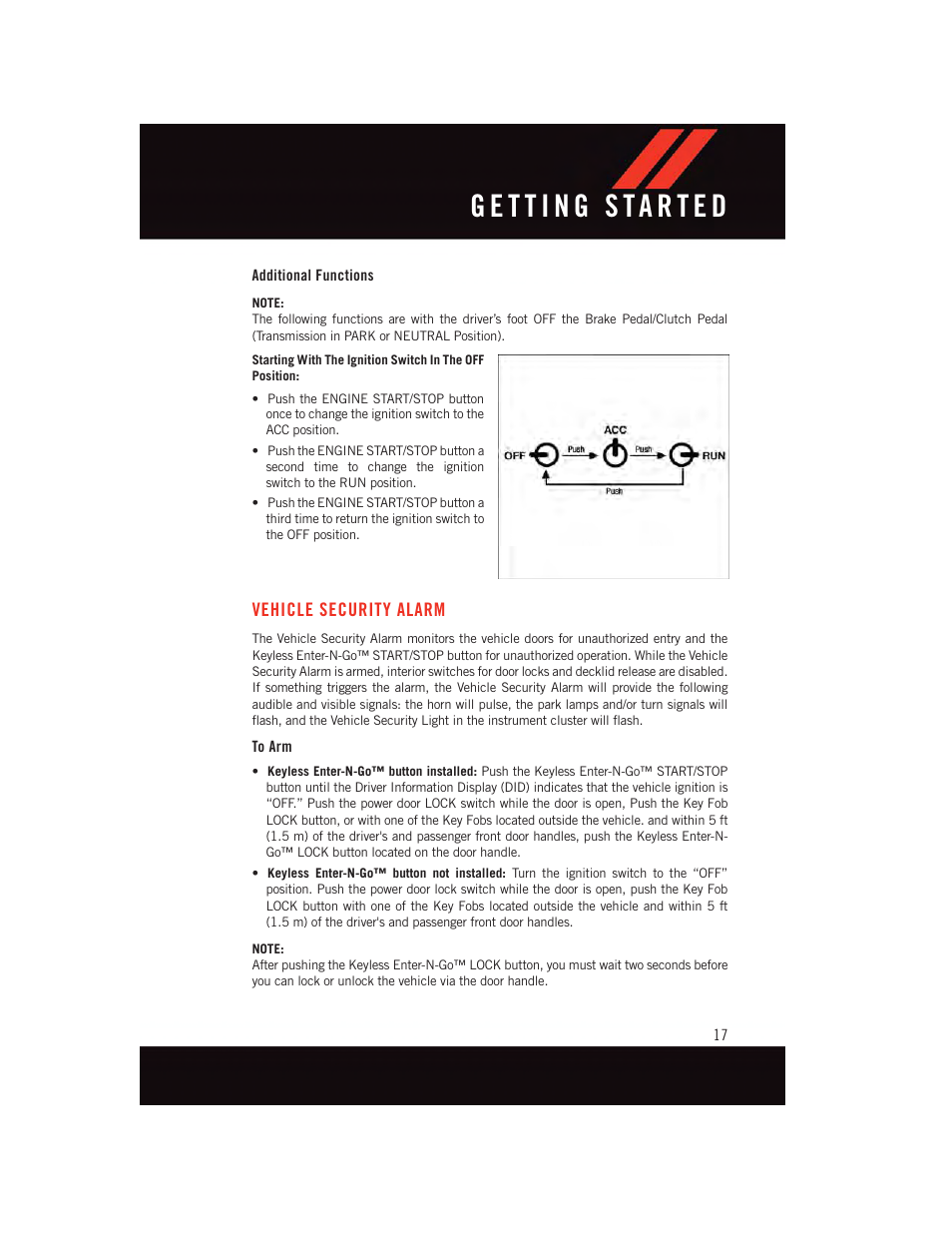 Additional functions, Vehicle security alarm, To arm | Dodge 2015 Challenger - User Guide User Manual | Page 19 / 236