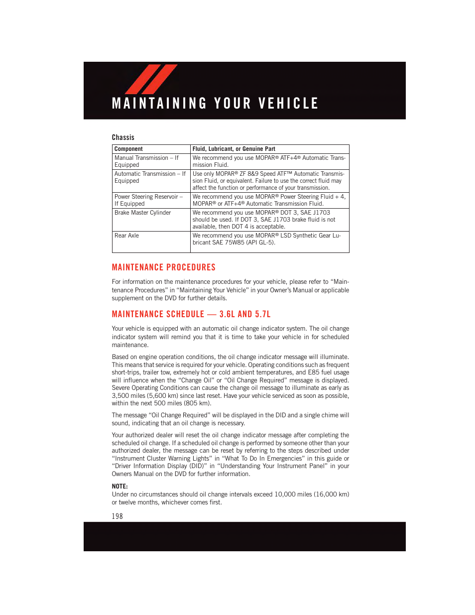 Chassis, Maintenance procedures, Maintenance schedule — 3.6l and 5.7l | Maintenance schedule — 3.6l and | Dodge 2015 Challenger - User Guide User Manual | Page 200 / 236