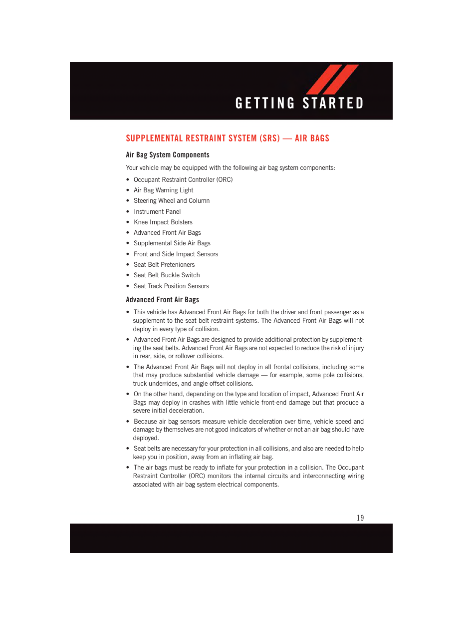 Supplemental restraint system (srs) — air bags, Air bag system components, Advanced front air bags | Dodge 2015 Challenger - User Guide User Manual | Page 21 / 236