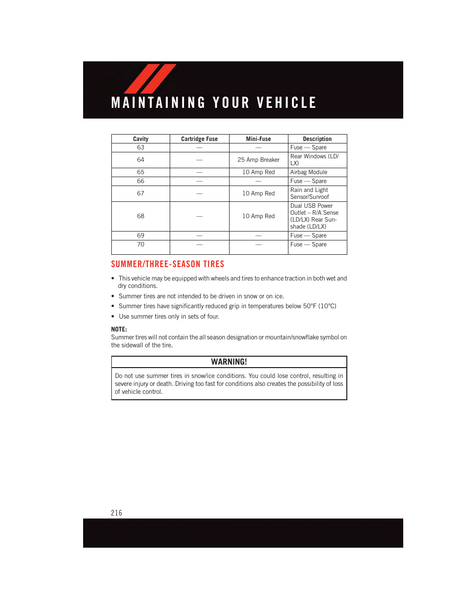 Summer/three-season tires, Warning | Dodge 2015 Challenger - User Guide User Manual | Page 218 / 236