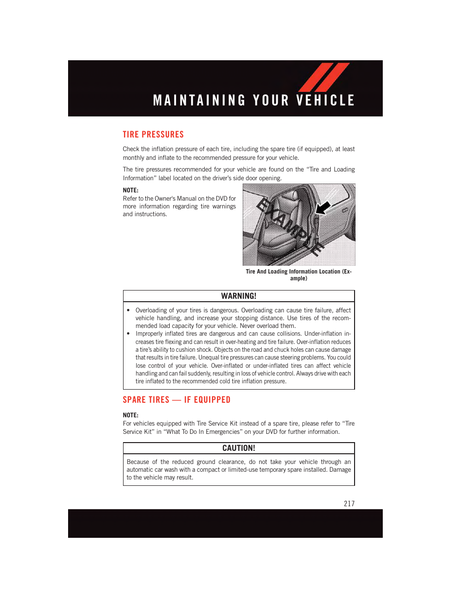 Tire pressures, Spare tires — if equipped | Dodge 2015 Challenger - User Guide User Manual | Page 219 / 236