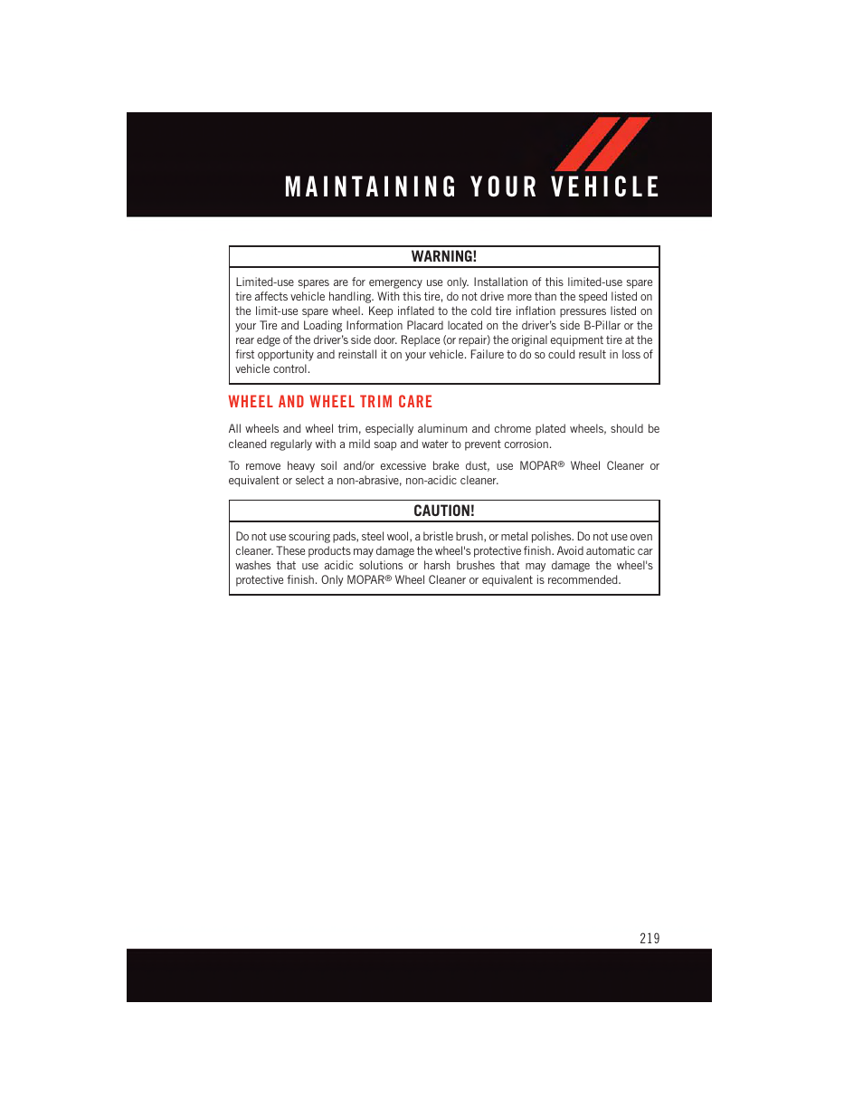 Wheel and wheel trim care | Dodge 2015 Challenger - User Guide User Manual | Page 221 / 236