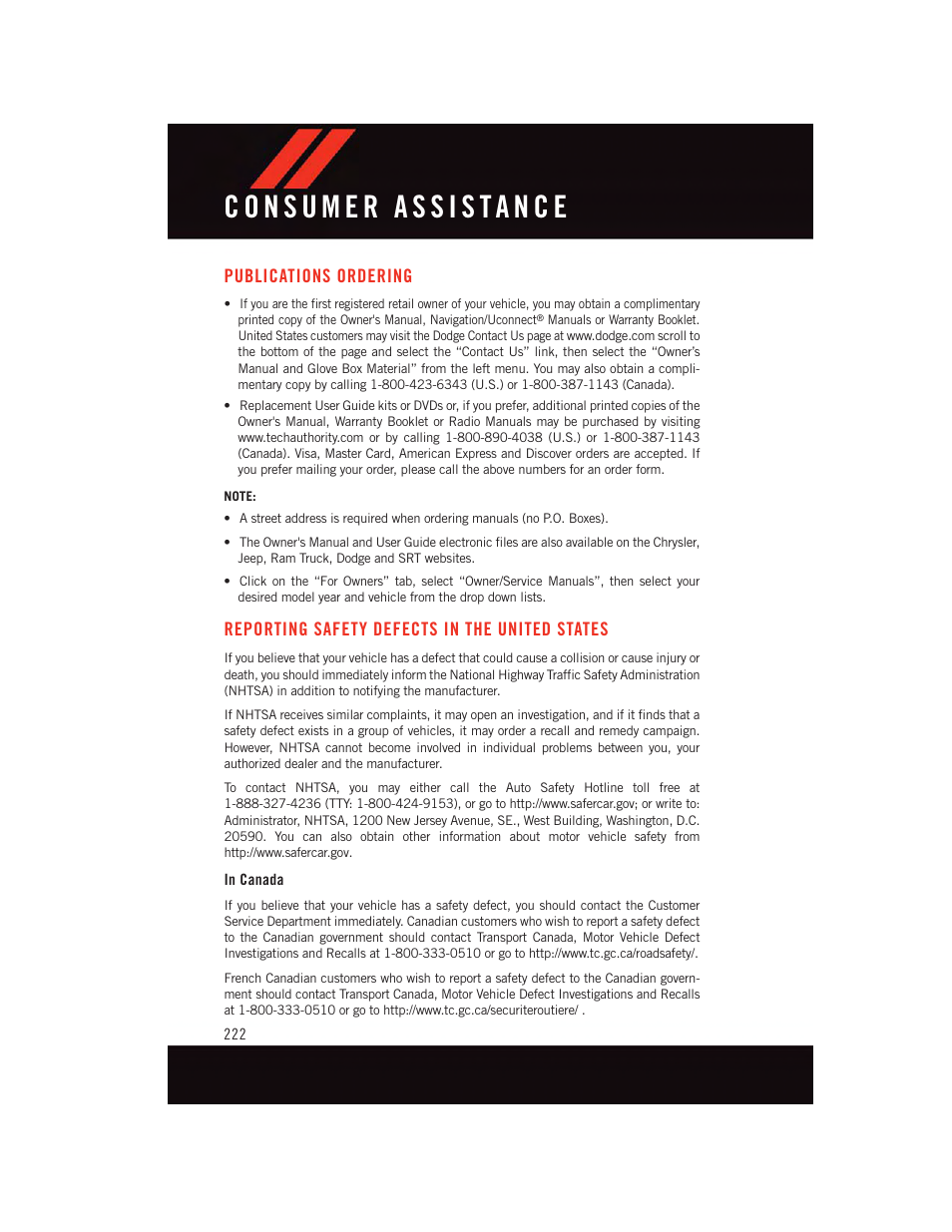 Publications ordering, Reporting safety defects in the united states, In canada | Reporting safety defects in the, United states | Dodge 2015 Challenger - User Guide User Manual | Page 224 / 236