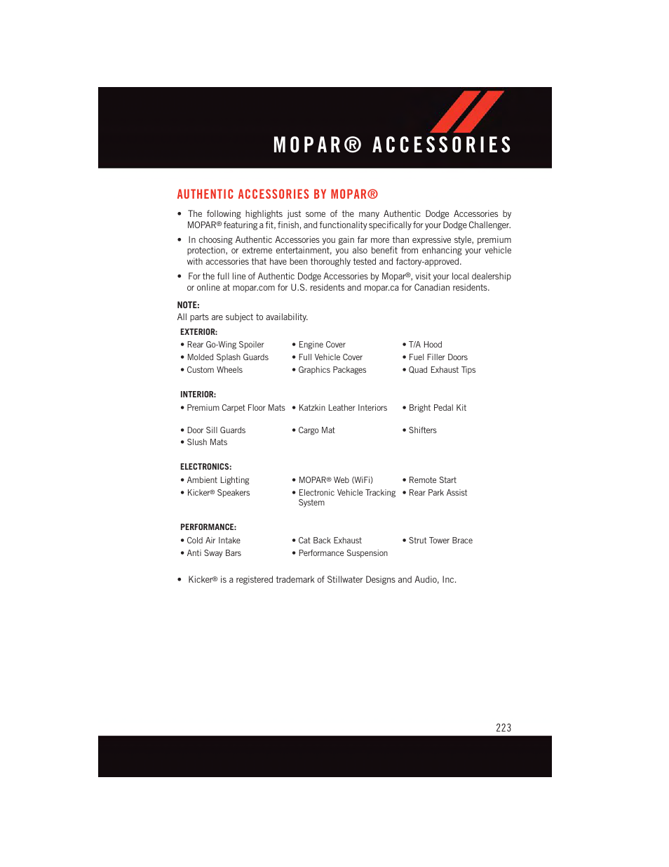 Mopar® accessories, Authentic accessories by mopar, Authentic accessories by | Mopar | Dodge 2015 Challenger - User Guide User Manual | Page 225 / 236