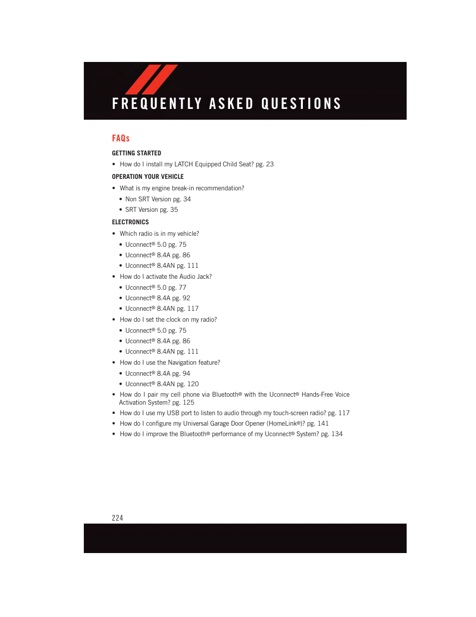 Faqs, Frequently asked questions | Dodge 2015 Challenger - User Guide User Manual | Page 226 / 236