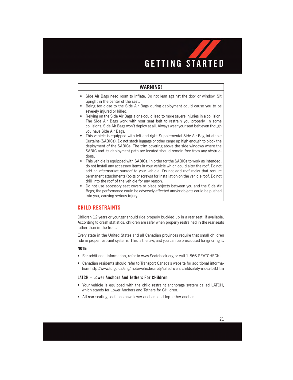 Child restraints, Latch – lower anchors and tethers for children | Dodge 2015 Challenger - User Guide User Manual | Page 23 / 236