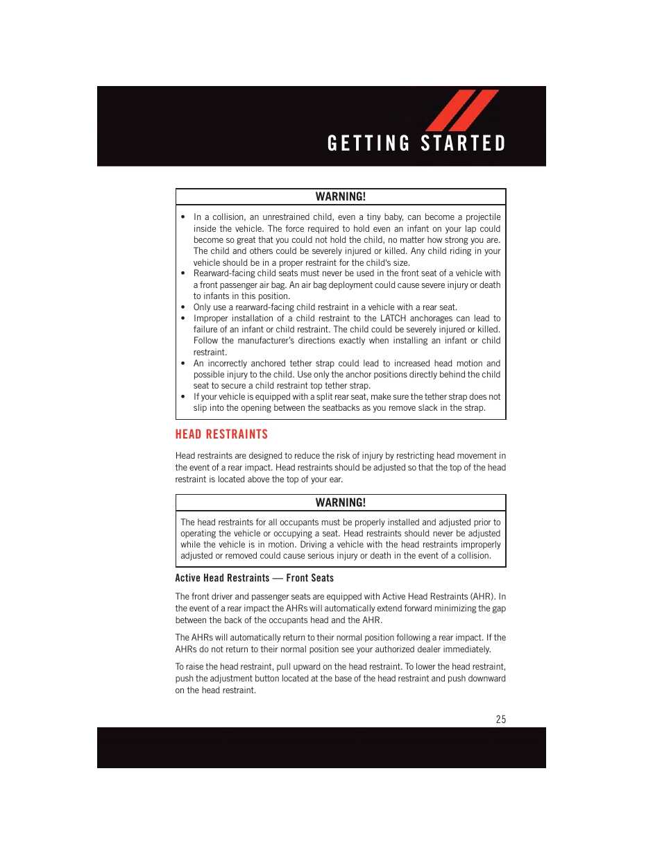 Head restraints, Active head restraints — front seats | Dodge 2015 Challenger - User Guide User Manual | Page 27 / 236