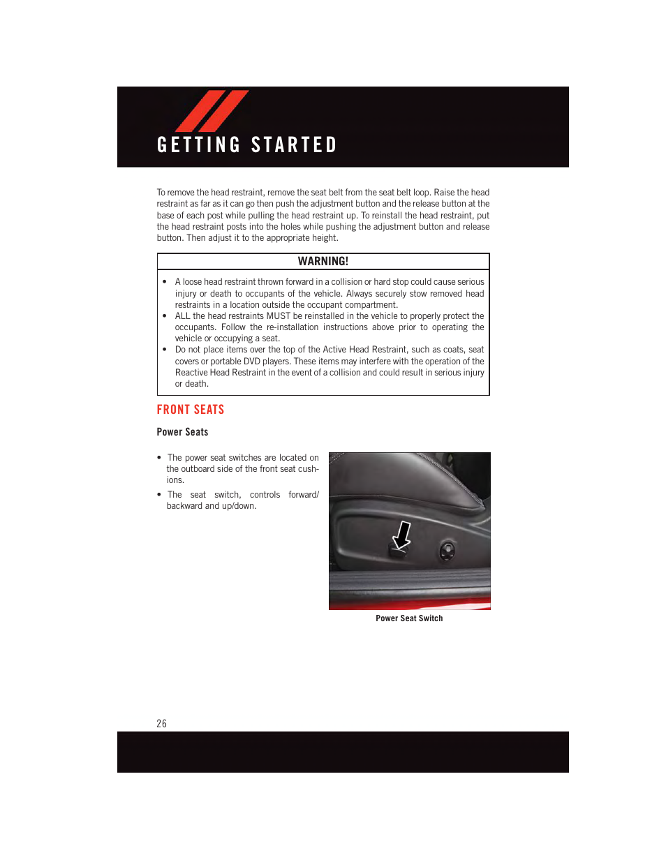 Front seats, Power seats | Dodge 2015 Challenger - User Guide User Manual | Page 28 / 236