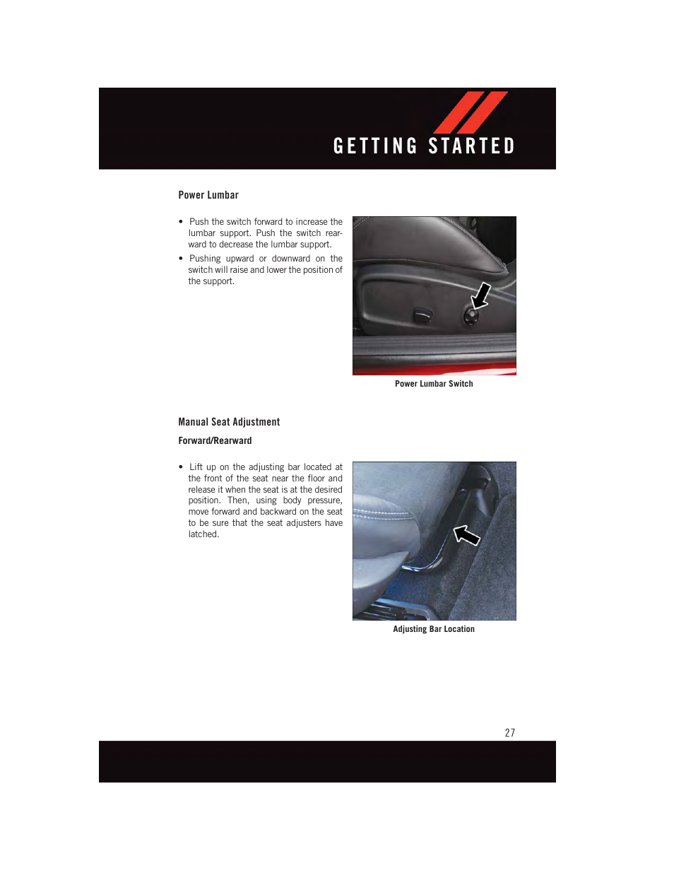 Power lumbar, Manual seat adjustment | Dodge 2015 Challenger - User Guide User Manual | Page 29 / 236