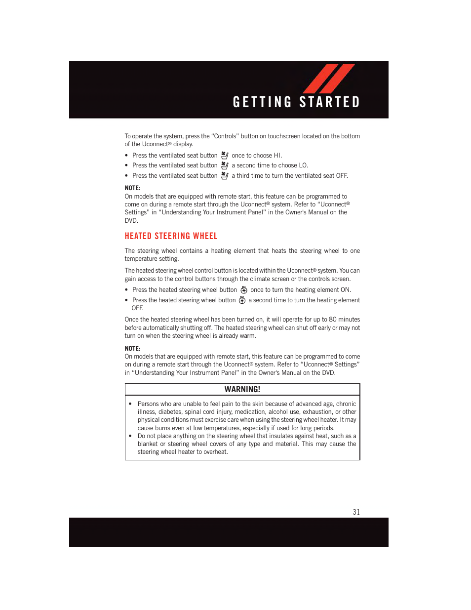 Heated steering wheel, Warning | Dodge 2015 Challenger - User Guide User Manual | Page 33 / 236