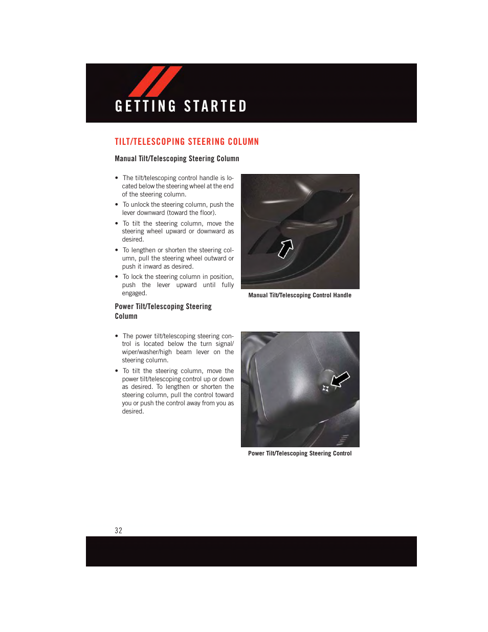 Tilt/telescoping steering column, Manual tilt/telescoping steering column, Power tilt/telescoping steering column | Dodge 2015 Challenger - User Guide User Manual | Page 34 / 236