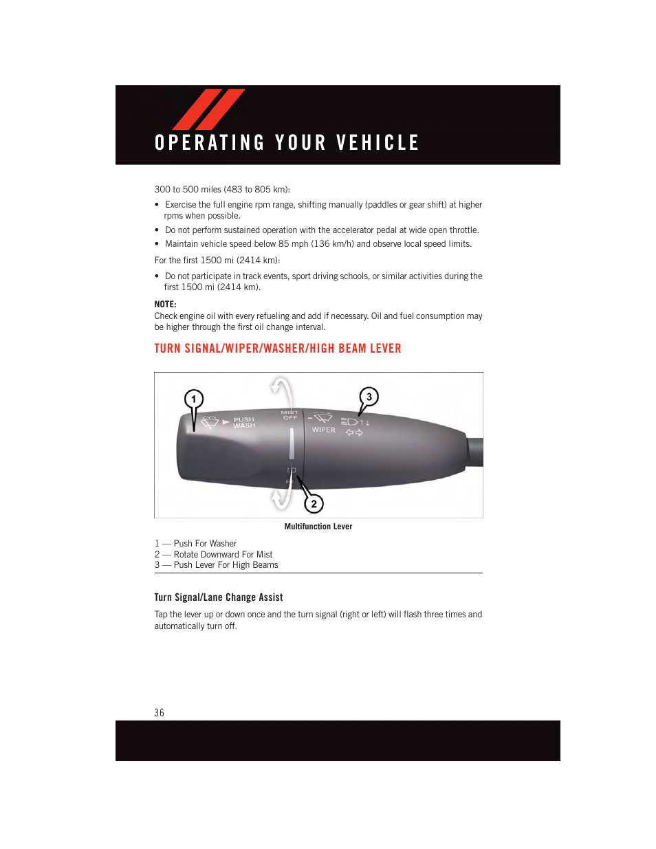 Turn signal/wiper/washer/high beam lever, Turn signal/lane change assist | Dodge 2015 Challenger - User Guide User Manual | Page 38 / 236