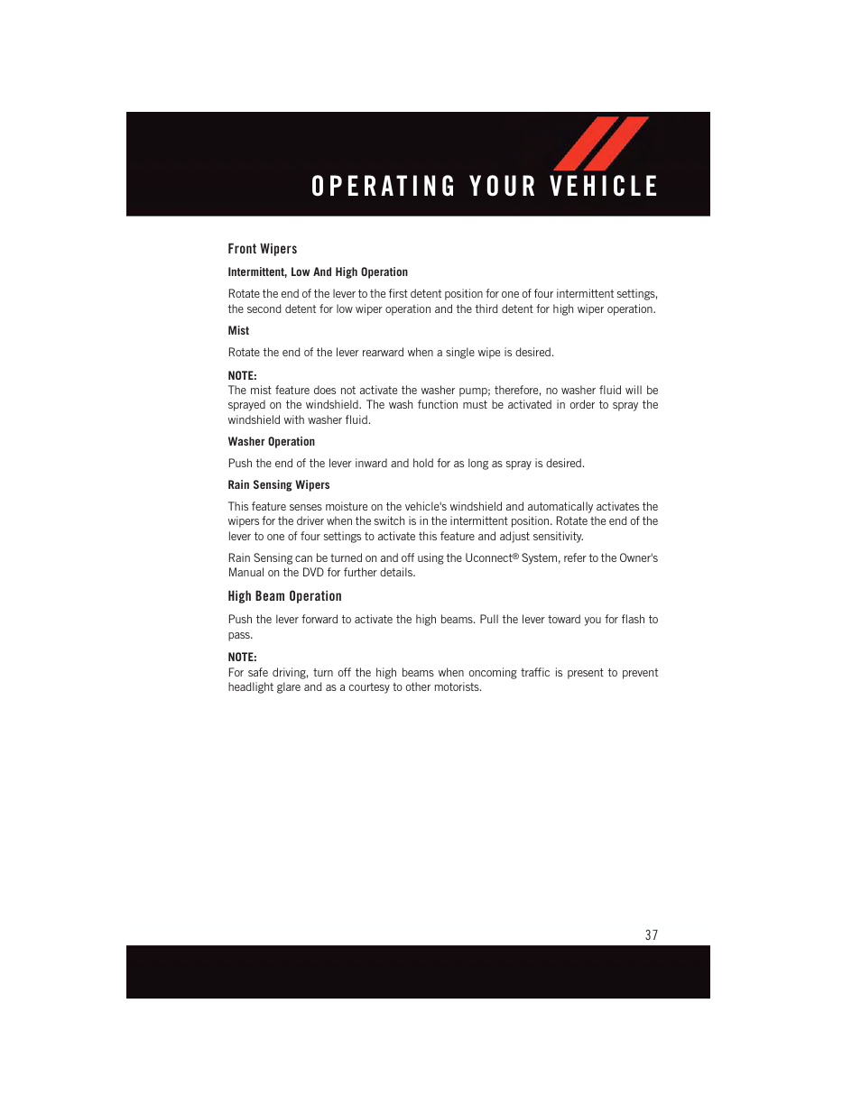 Front wipers, High beam operation | Dodge 2015 Challenger - User Guide User Manual | Page 39 / 236