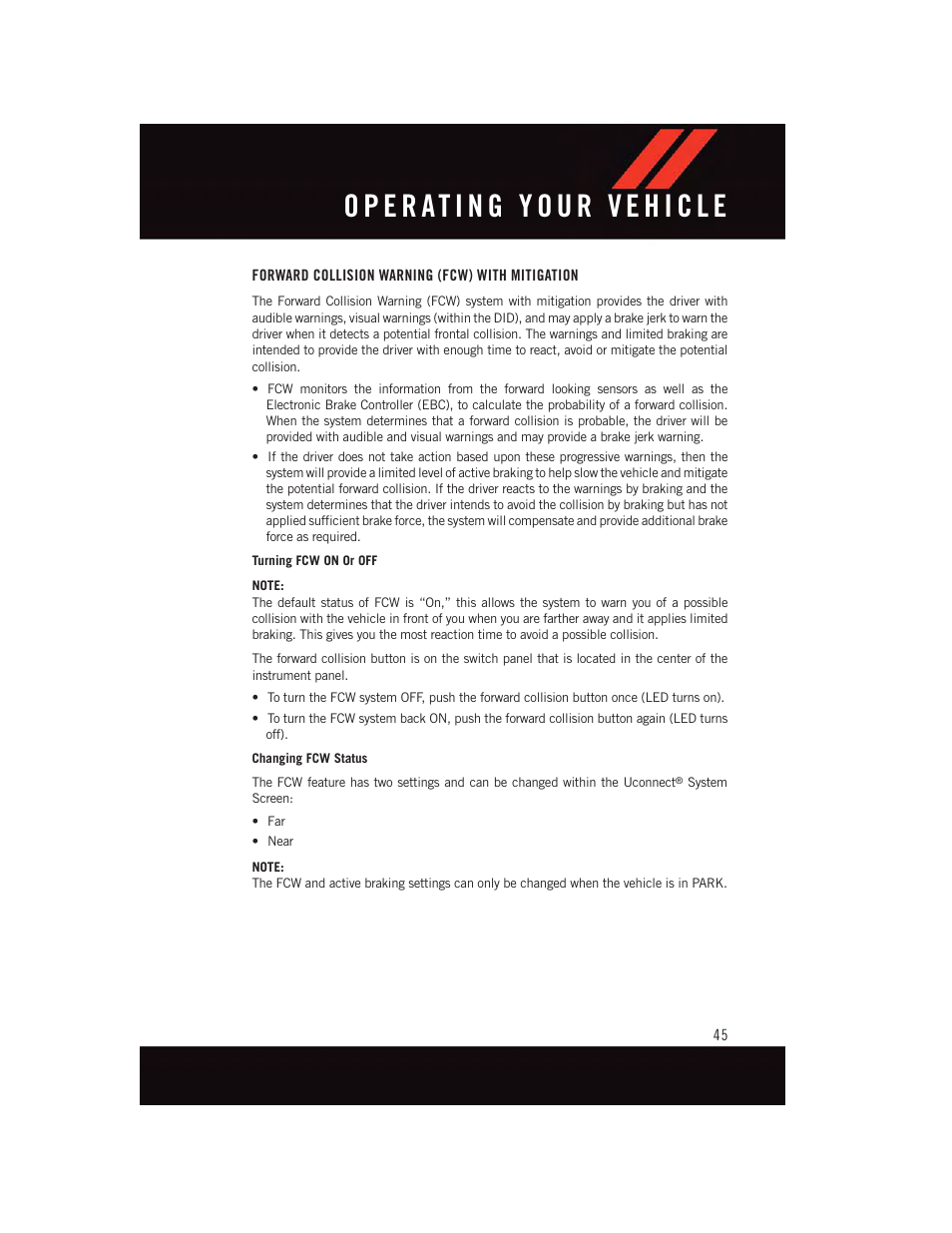 Forward collision warning (fcw) with mitigation | Dodge 2015 Challenger - User Guide User Manual | Page 47 / 236