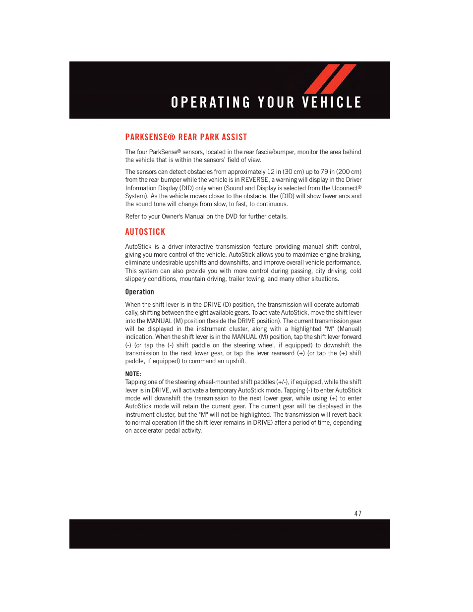 Parksense® rear park assist, Autostick, Operation | Dodge 2015 Challenger - User Guide User Manual | Page 49 / 236