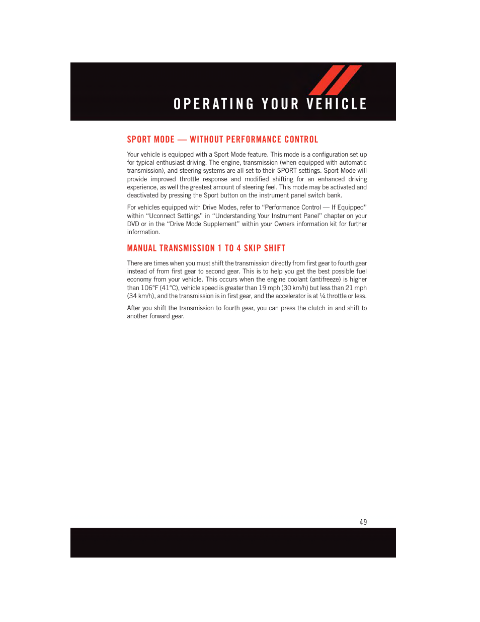 Sport mode — without performance control, Manual transmission 1 to 4 skip shift | Dodge 2015 Challenger - User Guide User Manual | Page 51 / 236