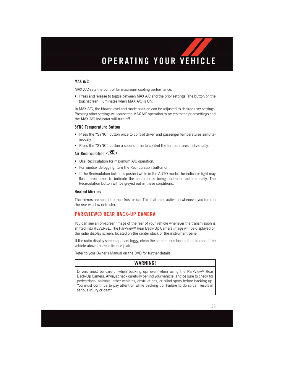 Max a/c, Sync temperature button, Air recirculation | Heated mirrors, Parkview® rear back-up camera | Dodge 2015 Challenger - User Guide User Manual | Page 55 / 236