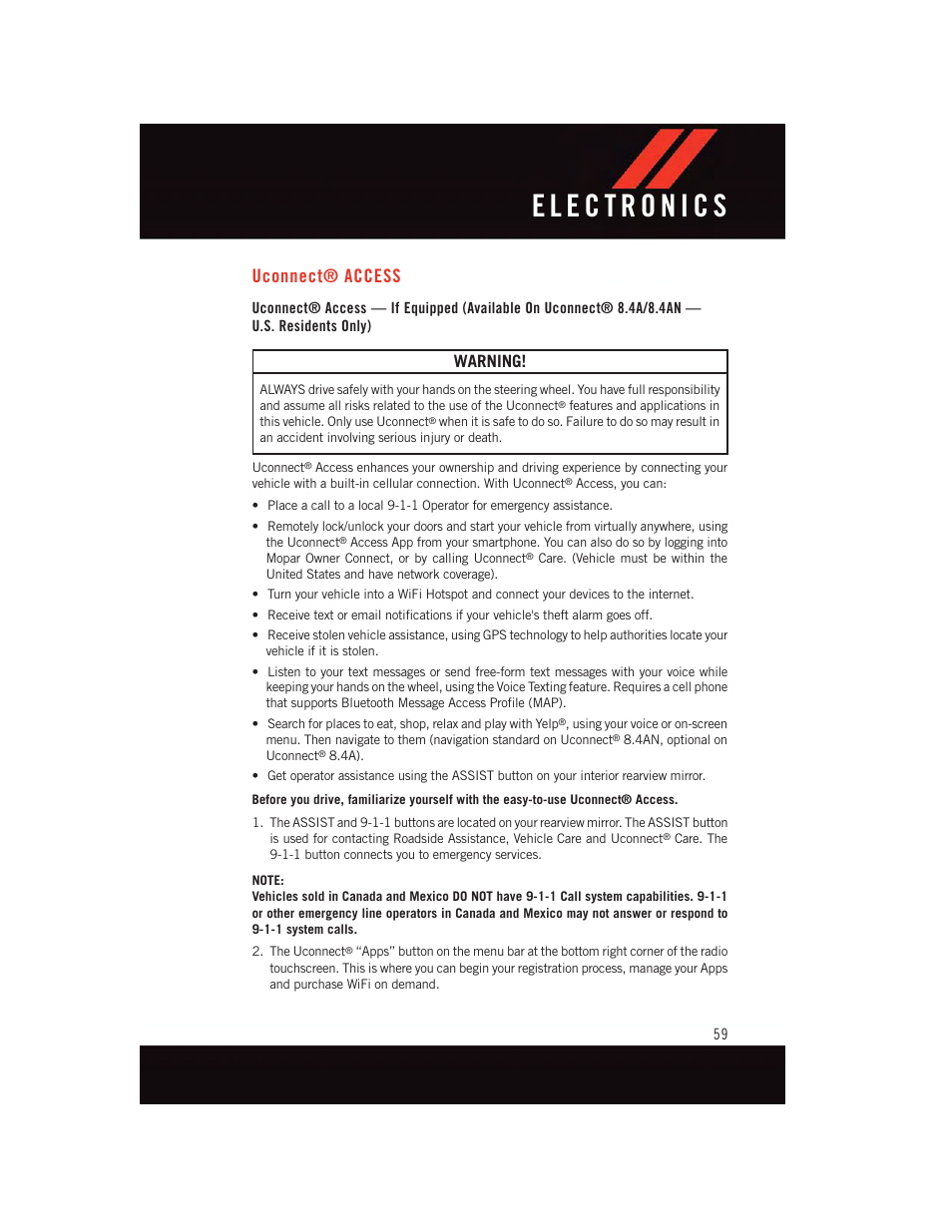 Uconnect® access, Warning | Dodge 2015 Challenger - User Guide User Manual | Page 61 / 236