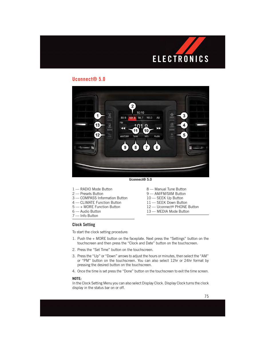 Uconnect® 5.0, Clock setting | Dodge 2015 Challenger - User Guide User Manual | Page 77 / 236