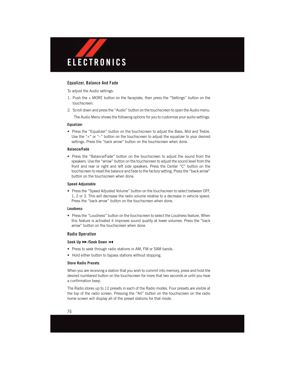 Equalizer, balance and fade, Radio operation | Dodge 2015 Challenger - User Guide User Manual | Page 78 / 236