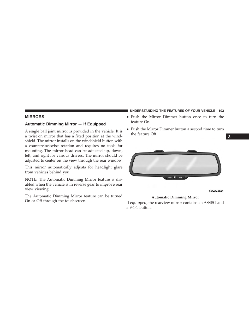 Mirrors, Automatic dimming mirror — if equipped | Dodge 2015 Challenger-SRT - Owner Manual User Manual | Page 105 / 579