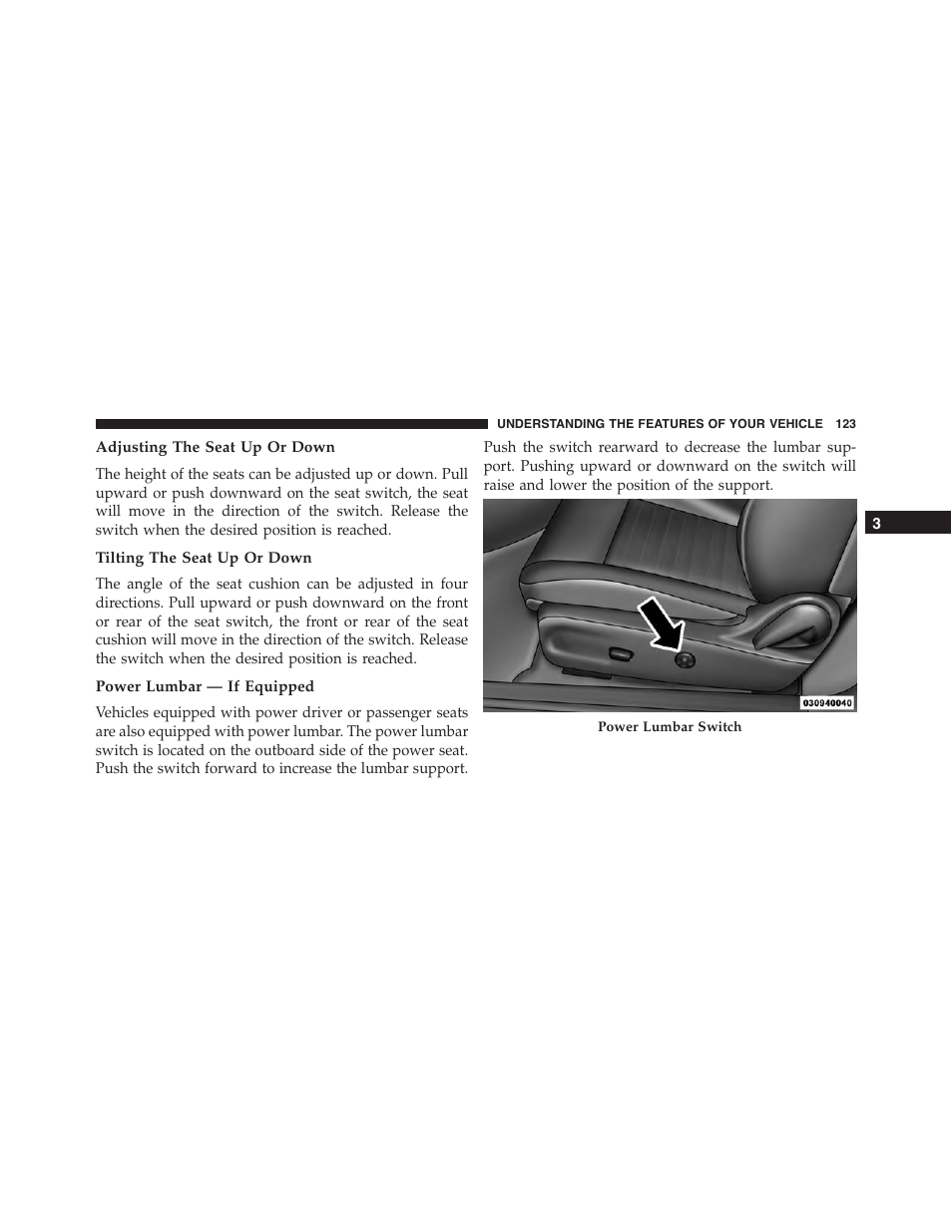 Adjusting the seat up or down, Tilting the seat up or down, Power lumbar — if equipped | Dodge 2015 Challenger-SRT - Owner Manual User Manual | Page 125 / 579