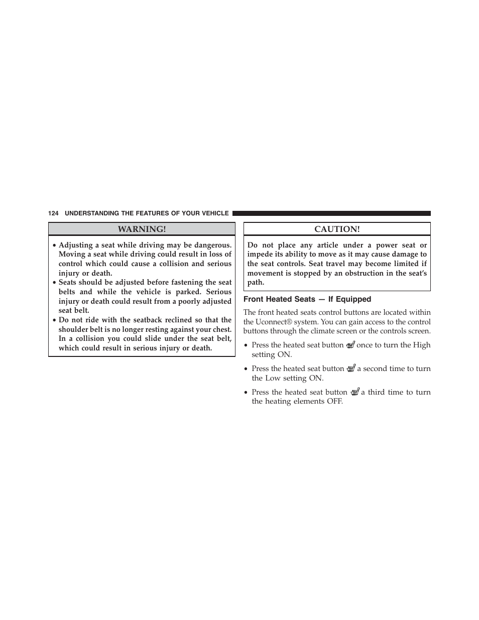 Front heated seats — if equipped | Dodge 2015 Challenger-SRT - Owner Manual User Manual | Page 126 / 579